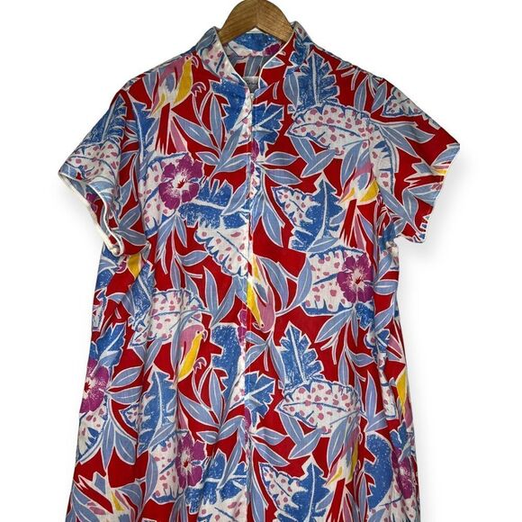 Mrs Roper Party 1960s Tropical Floral Parrot Print Caftan Mumu House Dress Large - Picture 2 of 10